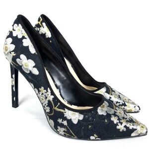 Nine West Tatiana Stiletto Black Silver Gold Floral Pointy Toe Pumps Size 8.5